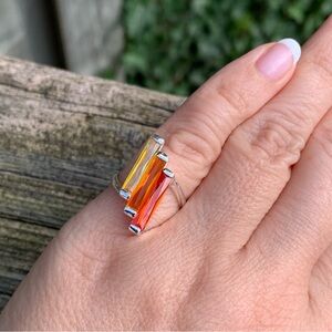 Vintage Orange and Yellow Baguette Glass Triple-Row Ring
